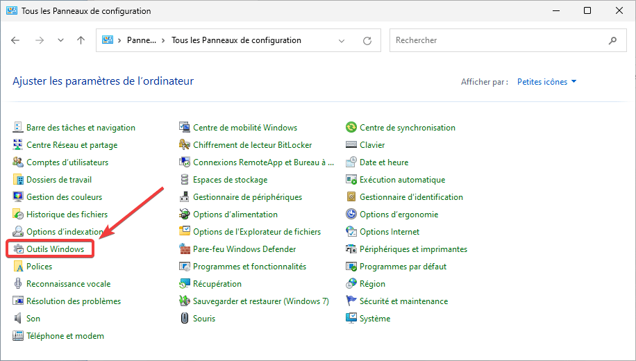 Outils d'administration Windows 11 dans Panneau de configuration