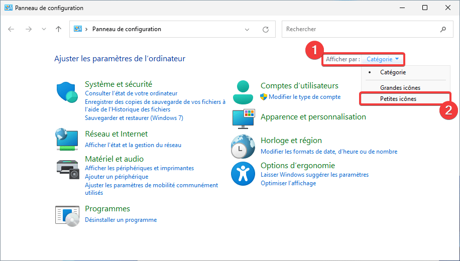 Affichage petites icônes Panneau de configuration Windows 