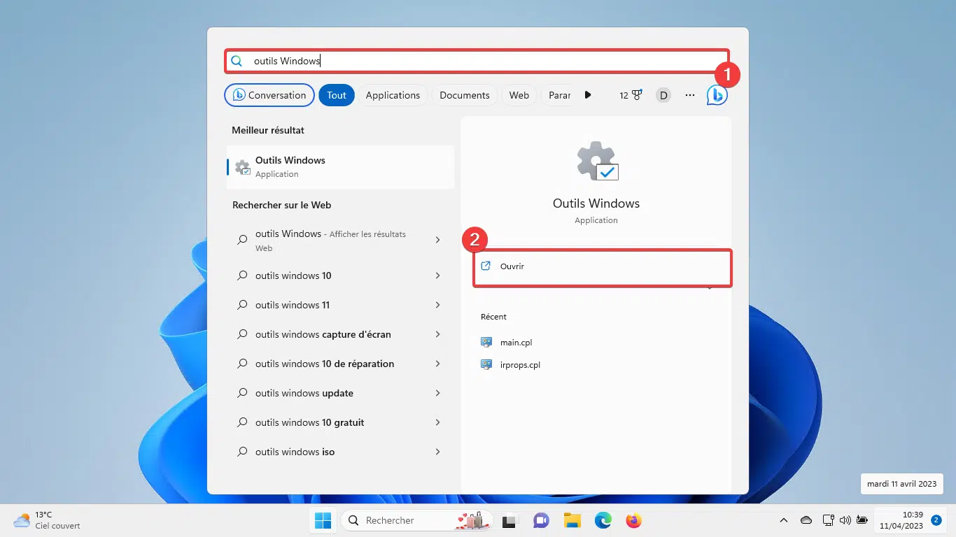 Ouvrir Outils d'administration Windows 11 depuis la recherche Windows