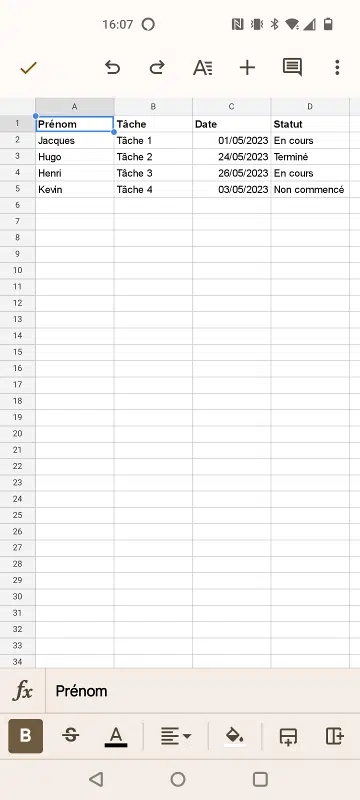 Créer tableau dans app Sheets