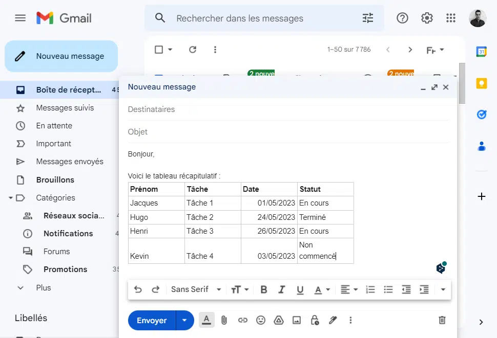 Insérer tableau dans Gmail