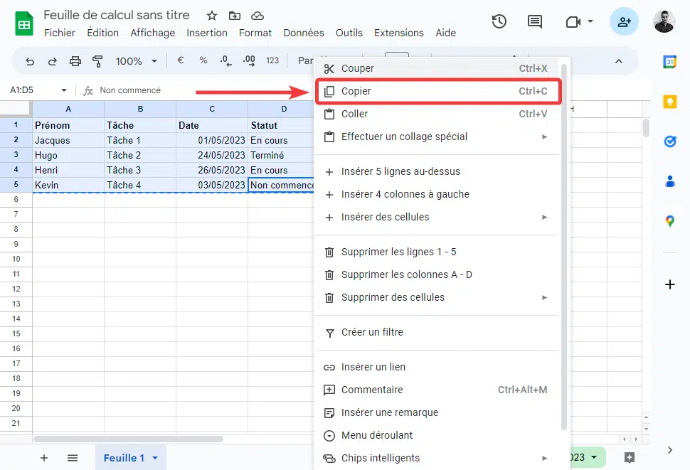Google Sheets - Copier tableau