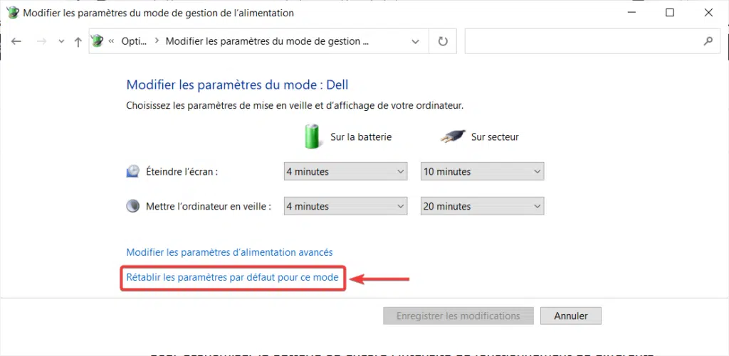 Rétablir paramètres par défaut mode alimentation