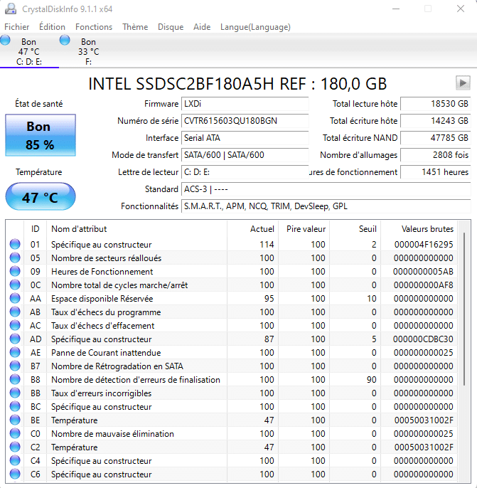 État de santé du disque dur avec CrystalDiskInfo