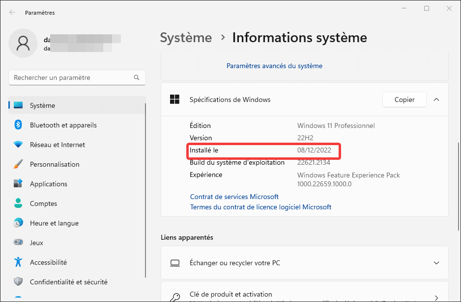 Date d'installation de Windows depuis les informations système