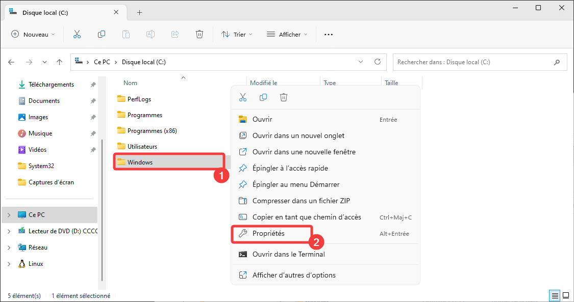 Accéder propriétés dossier Windows