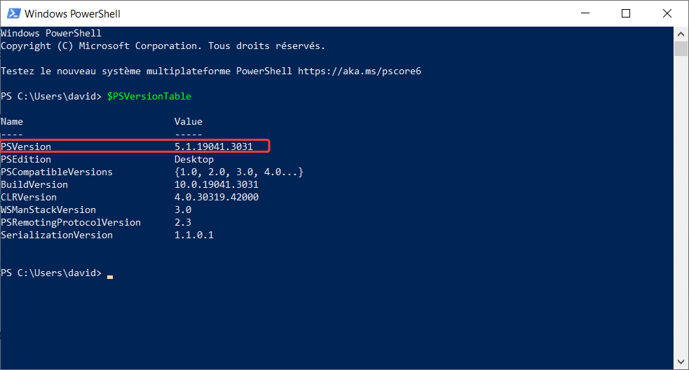 Affichage de la version de PowerShell
