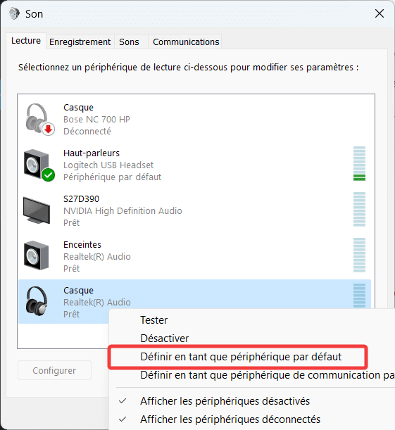 définir le casque jack en périphérique par défaut