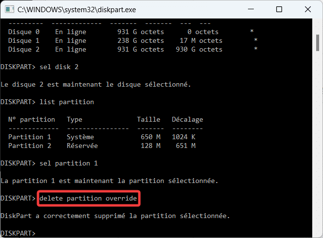 diskpart supprimer la partition efi