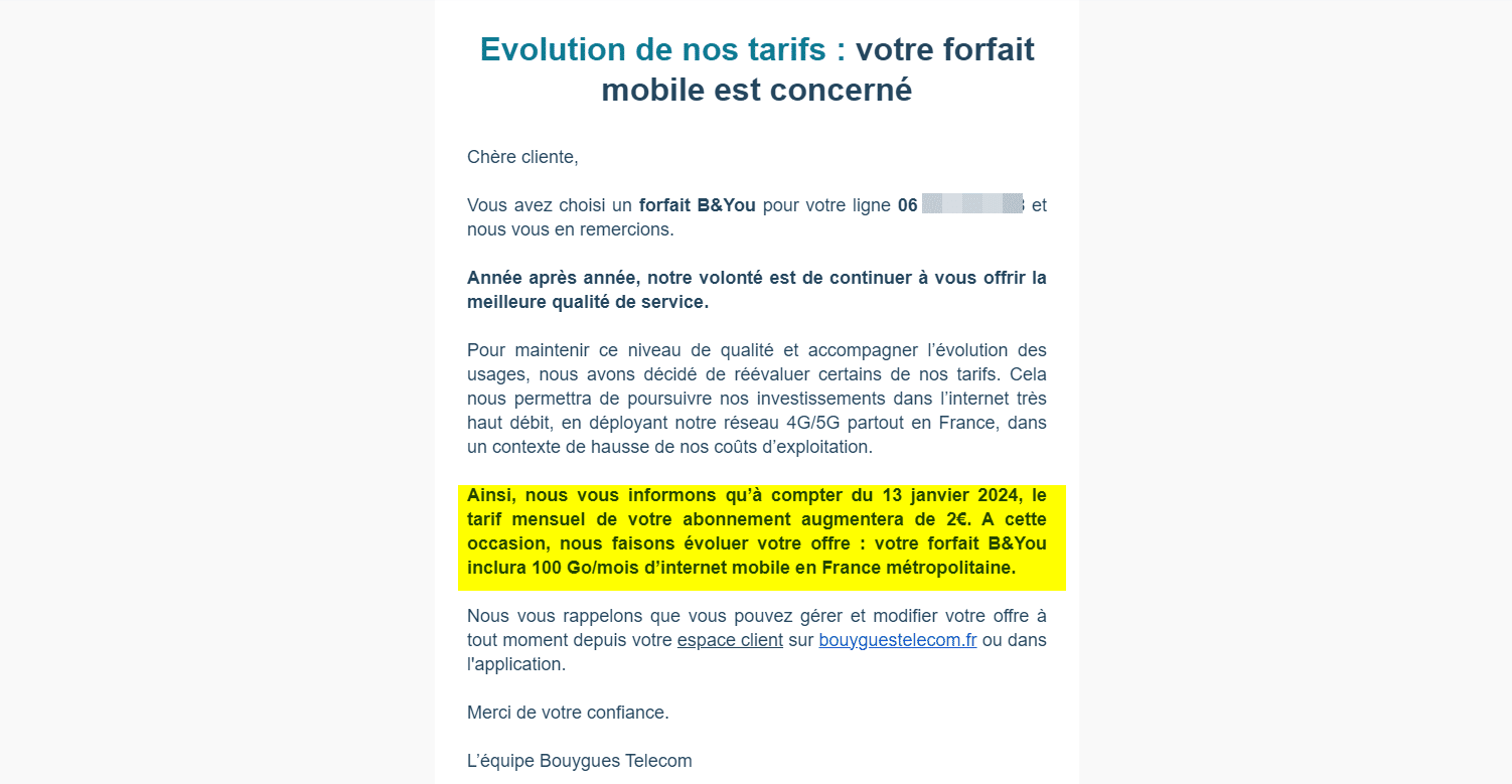 E-mail de Bouygues Telecom annonçant l'augmentation du forfait B&You à compter du 13 janvier 2024