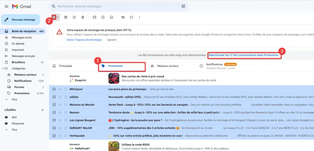 Sélectionner tous les messages promotionnels de Gmail