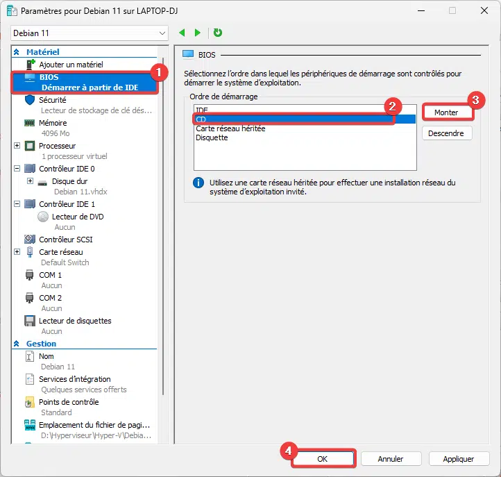 HyperV changer l'ordre de démarrage (boot) d'une VM