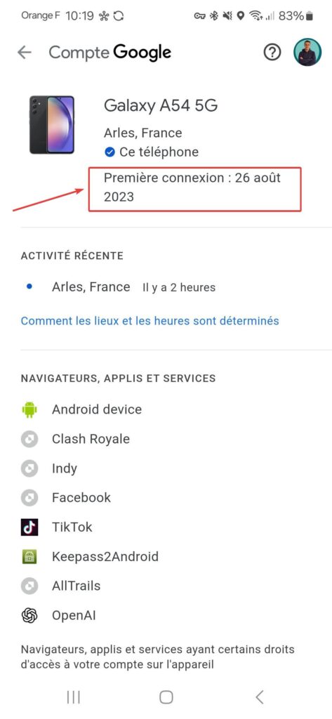 Date première connexion téléphone