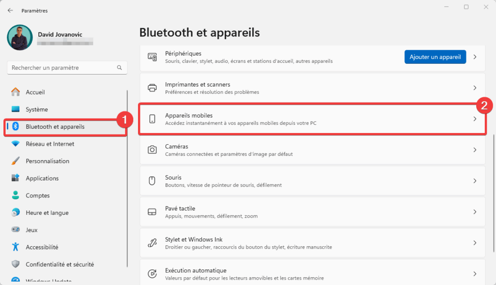 Windows 11 Paramètres Appareils mobiles