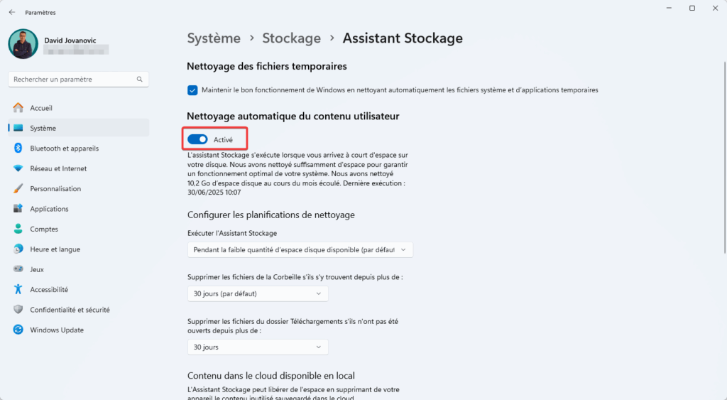 Activer assistant stockage Windows 11