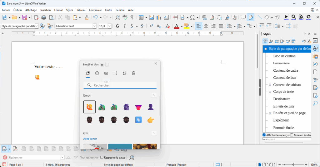 LibreOffice Insérer emoji avec raccourci clavier
