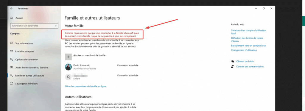 Message nous n'avons pas pu vous connecterà la famille microsoft