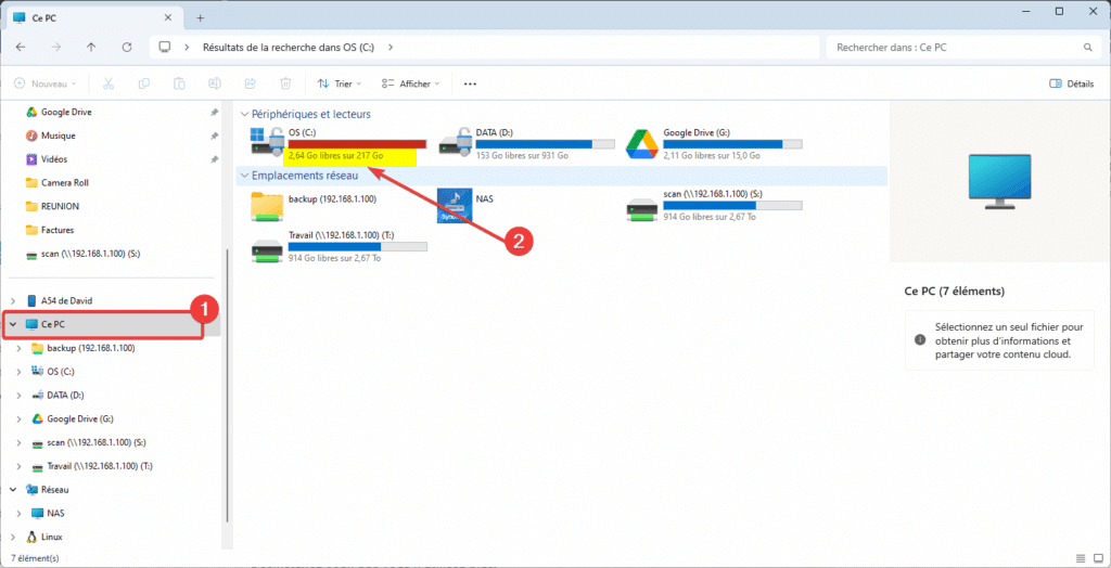 Voir espace libre sur Windows