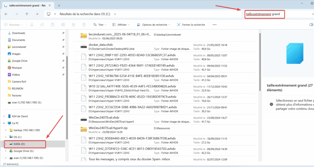 fichiers volumineux avec explorateur Windows