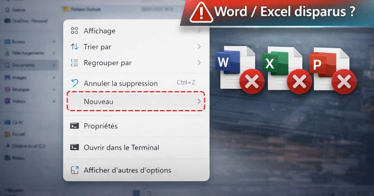 clic droit Windows nouveau Word Excel PowerPoint disparu